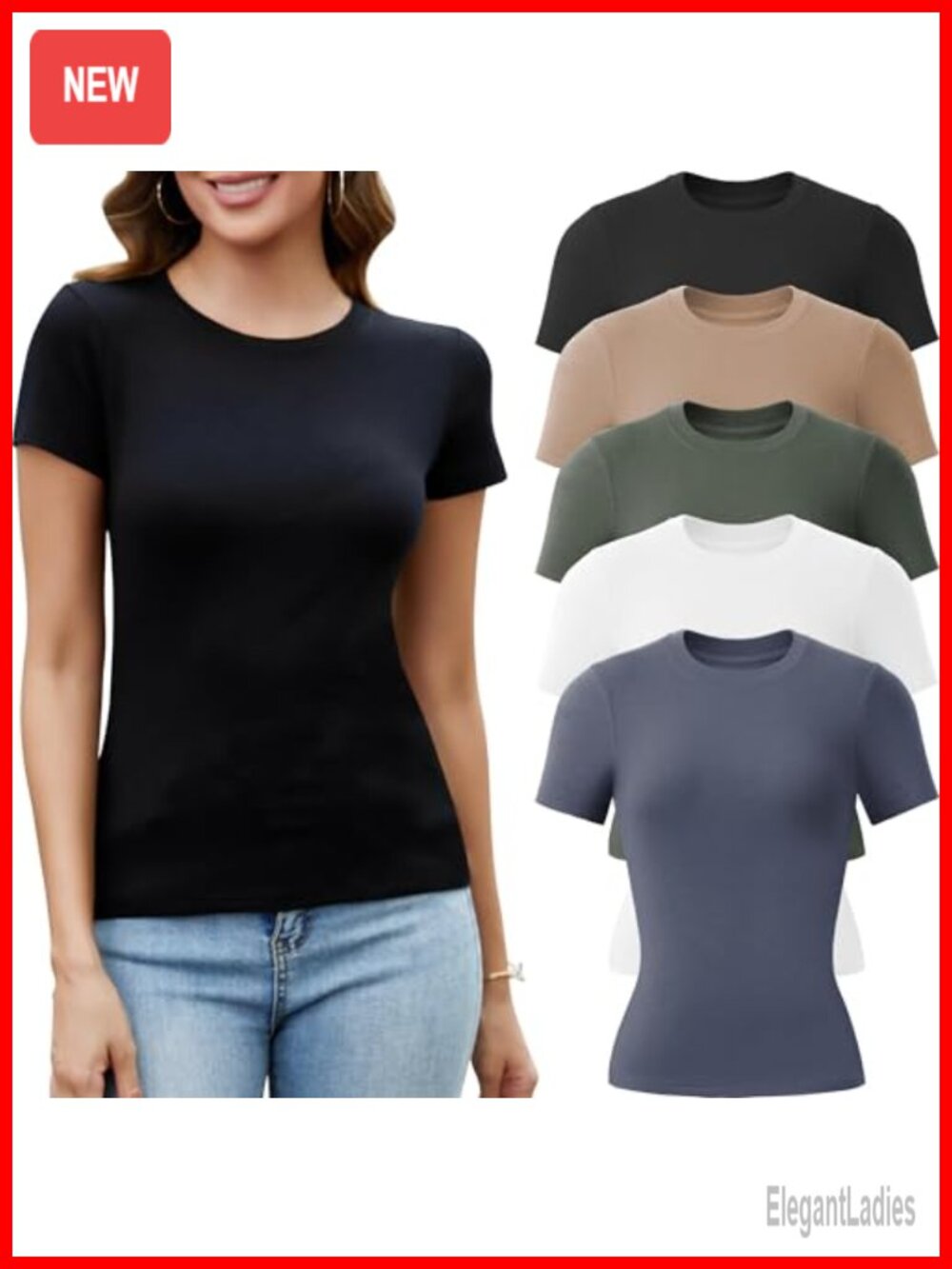5 Pack Crew Neck T-Shirts Women Basic Fitted Tees Short Sleeve Rayon Spandex